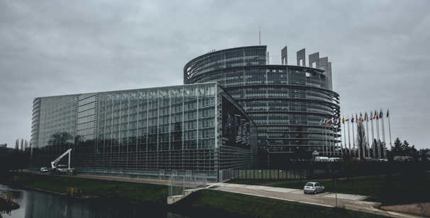 Vue extérieure du Parlement européen à Strasbourg, avec sa façade en verre et sa tour cylindrique caractéristique, sous un ciel nuageux, entouré des drapeaux des États membres de l'Union européenne.