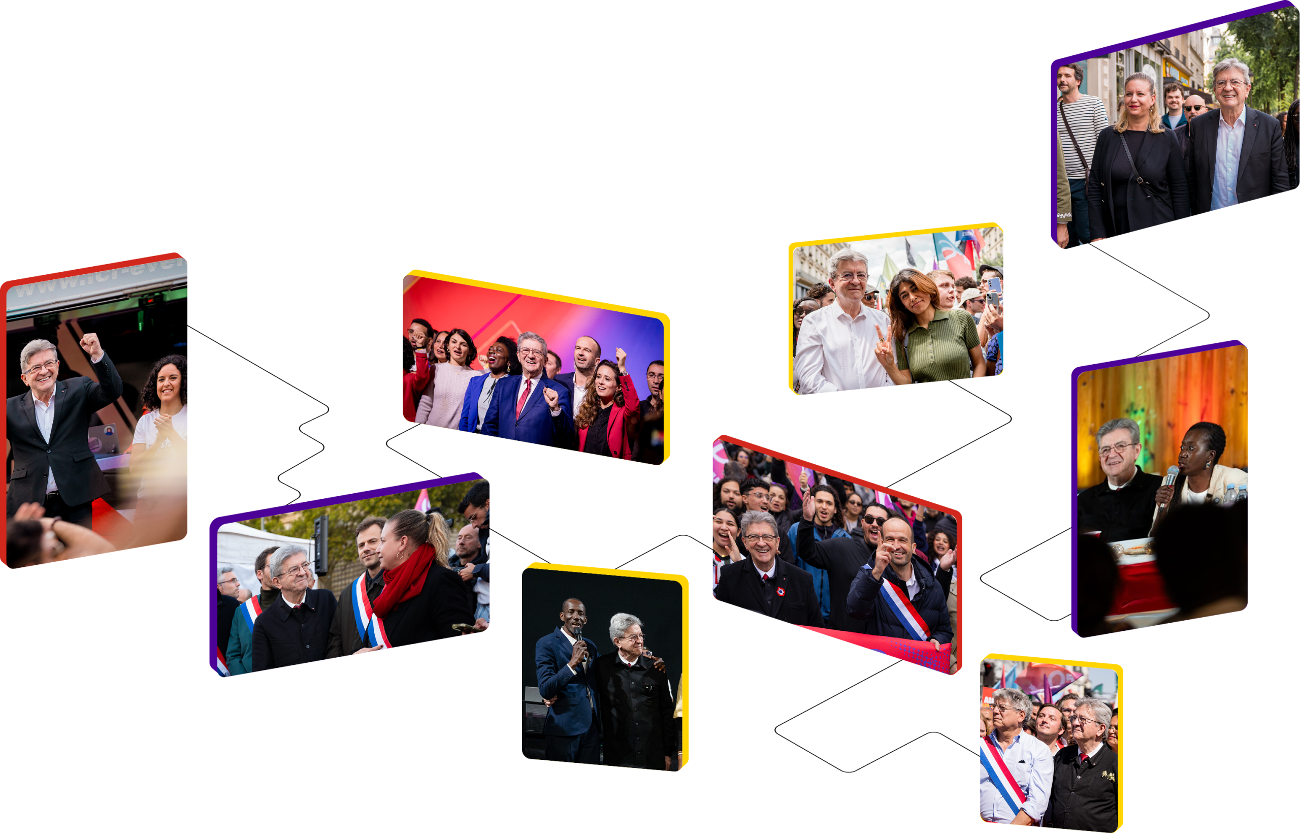 Montage de neuf photos de Jean-Luc Mélenchon lors de meetings et manifestations de La France Insoumise, aux côtés de : Manon Aubry (1), Paul Vannier et Mathilde Panot (2), Aurélie Trouvé, Farida Amrani, Danièle Obono, Manuel Bompard et Clémence Guetté (3), Bally Bagayoko (4), Manuel Bompard en manifestation (5), Éric Coquerel (6), Nadège Abomangoli (7), Rima Hassan (8), et Mathilde Panot avec Bastien Lachaud (9).