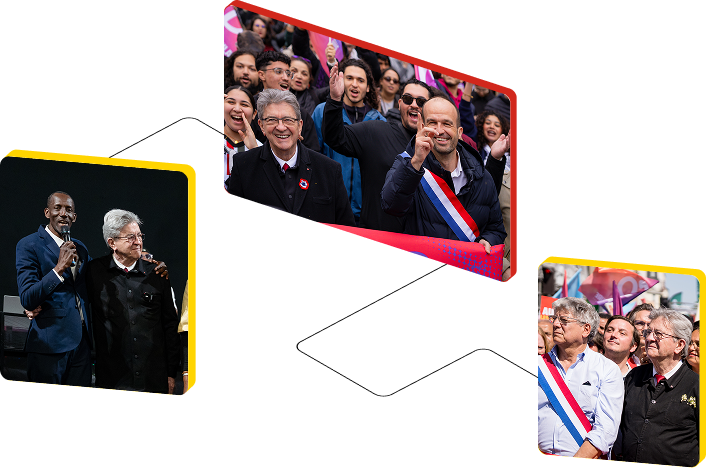 Montage de trois photos de rassemblements politiques de La France Insoumise : à gauche, Bally Bagayoko et Jean-Luc Mélenchon sur scène lors d'un meeting ; au centre, Jean-Luc Mélenchon et Manuel Bompard au milieu d'une foule lors d'une manifestation ; en bas à droite, Éric Coquerel et Jean-Luc Mélenchon parmi des militants avec drapeaux roses et blancs.
