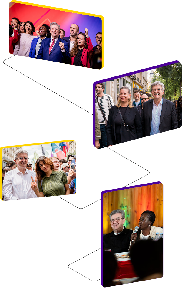 Montage de quatre photos de groupe lors de rassemblements politiques avec Jean-Luc Mélenchon : une scène de meeting festif avec les députés de la France Insoumise, une photo dans une rue de JLM avec Mathilde Panot, une foule en plein air avec JLM et Rima Hassan, et JLM et Nadège abomangoli assises à une table lors d'une prise de parole.